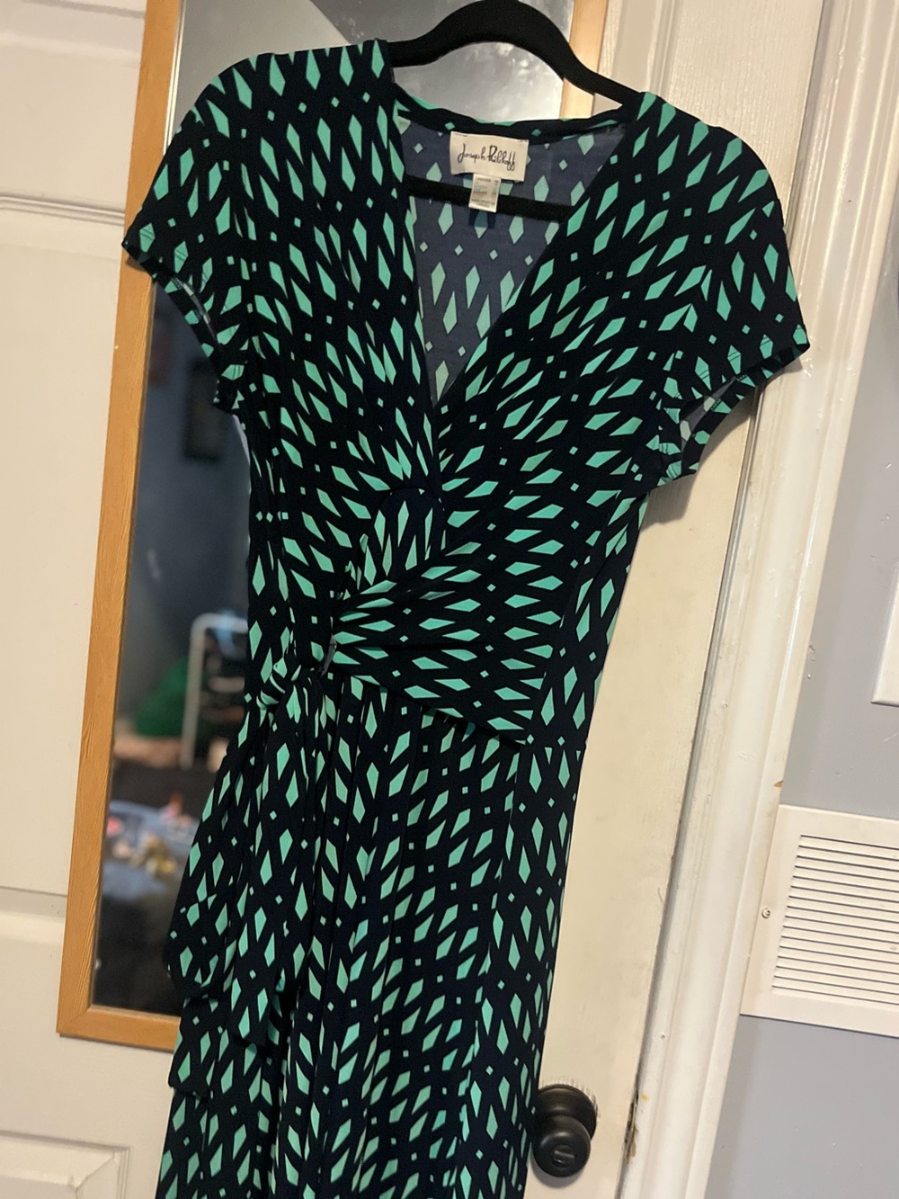 Size 12 Joseph Ribkoff Black and Teal High-Low Maxi Dress, Vintage Wrap Dress